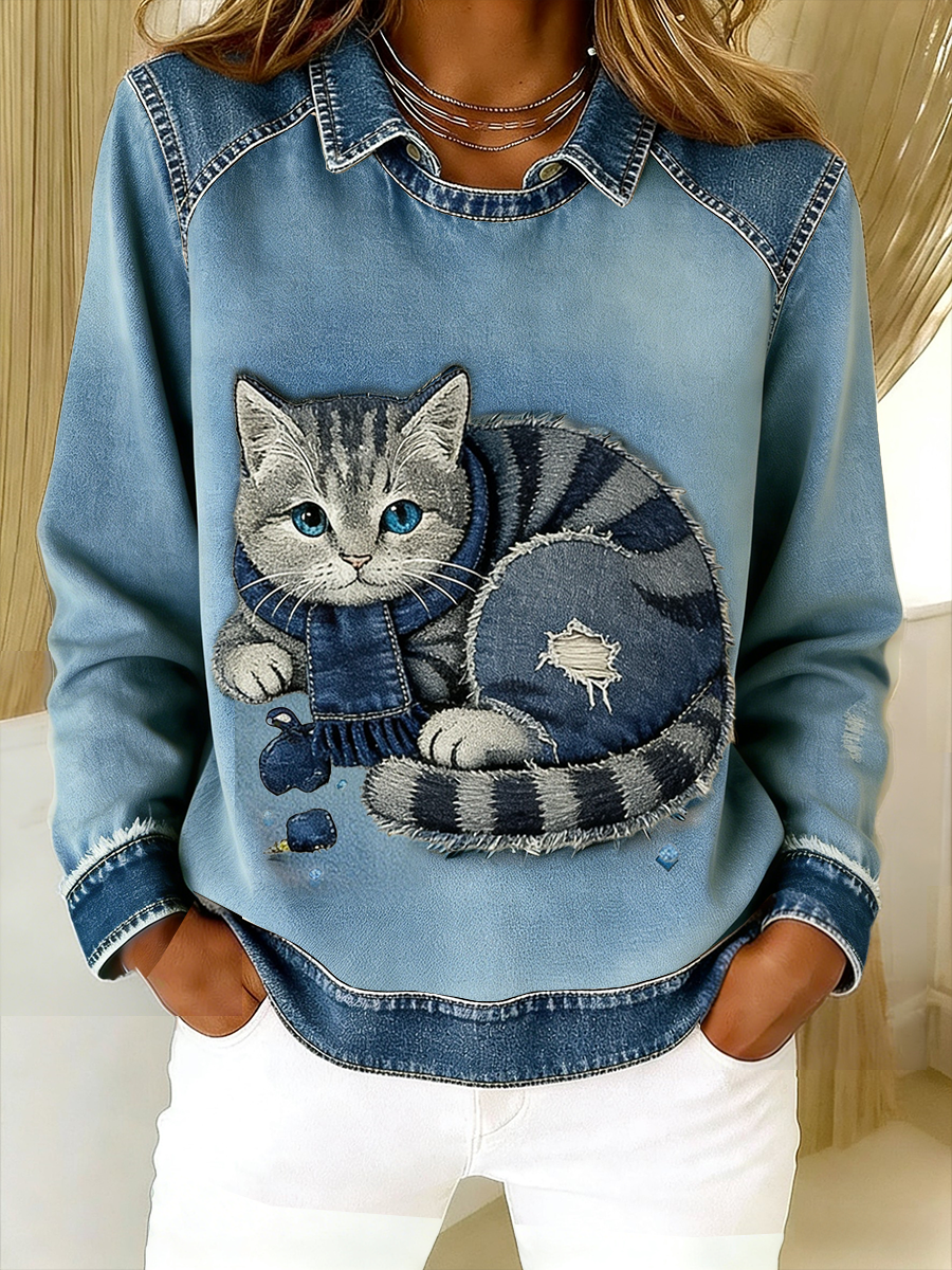 Retro sød kat Denim tørklæde Patchwork Printed Casual Loose Lange Laeve Lapel Sweatshirt