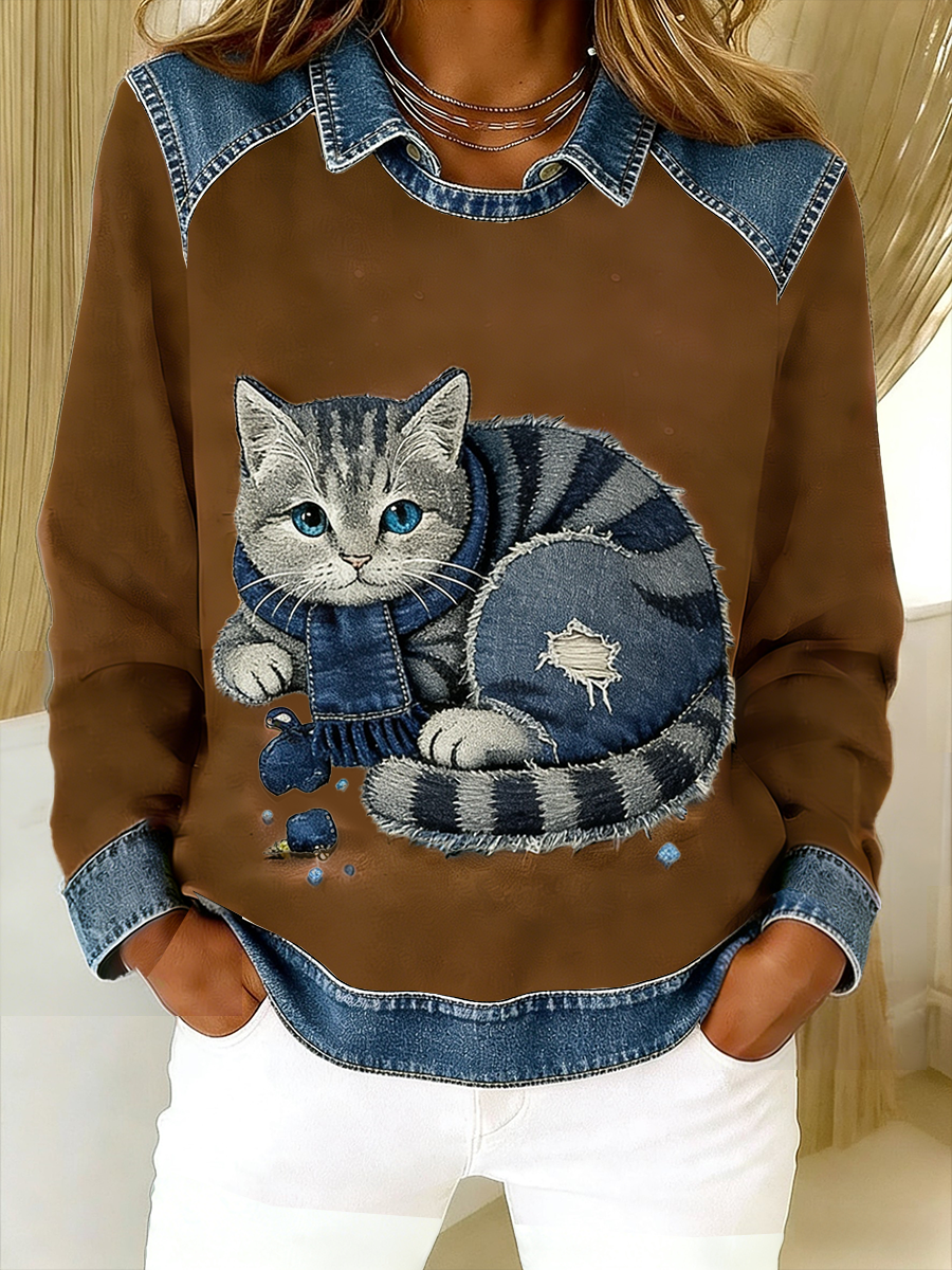Retro sød kat Denim tørklæde Patchwork Printed Casual Loose Lange Laeve Lapel Sweatshirt