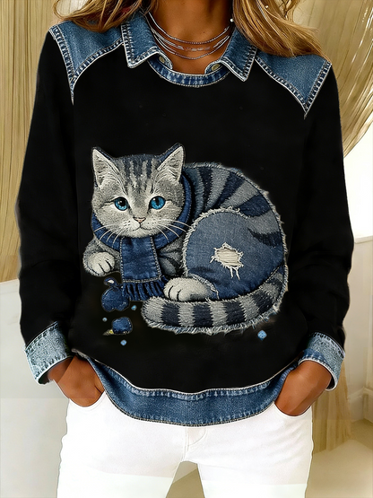 Retro sød kat Denim tørklæde Patchwork Printed Casual Loose Lange Laeve Lapel Sweatshirt