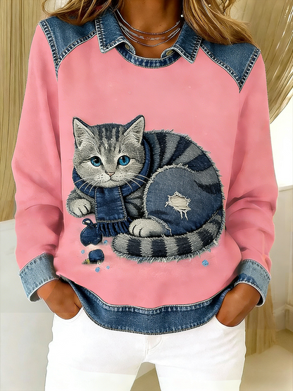 Retro sød kat Denim tørklæde Patchwork Printed Casual Loose Lange Laeve Lapel Sweatshirt