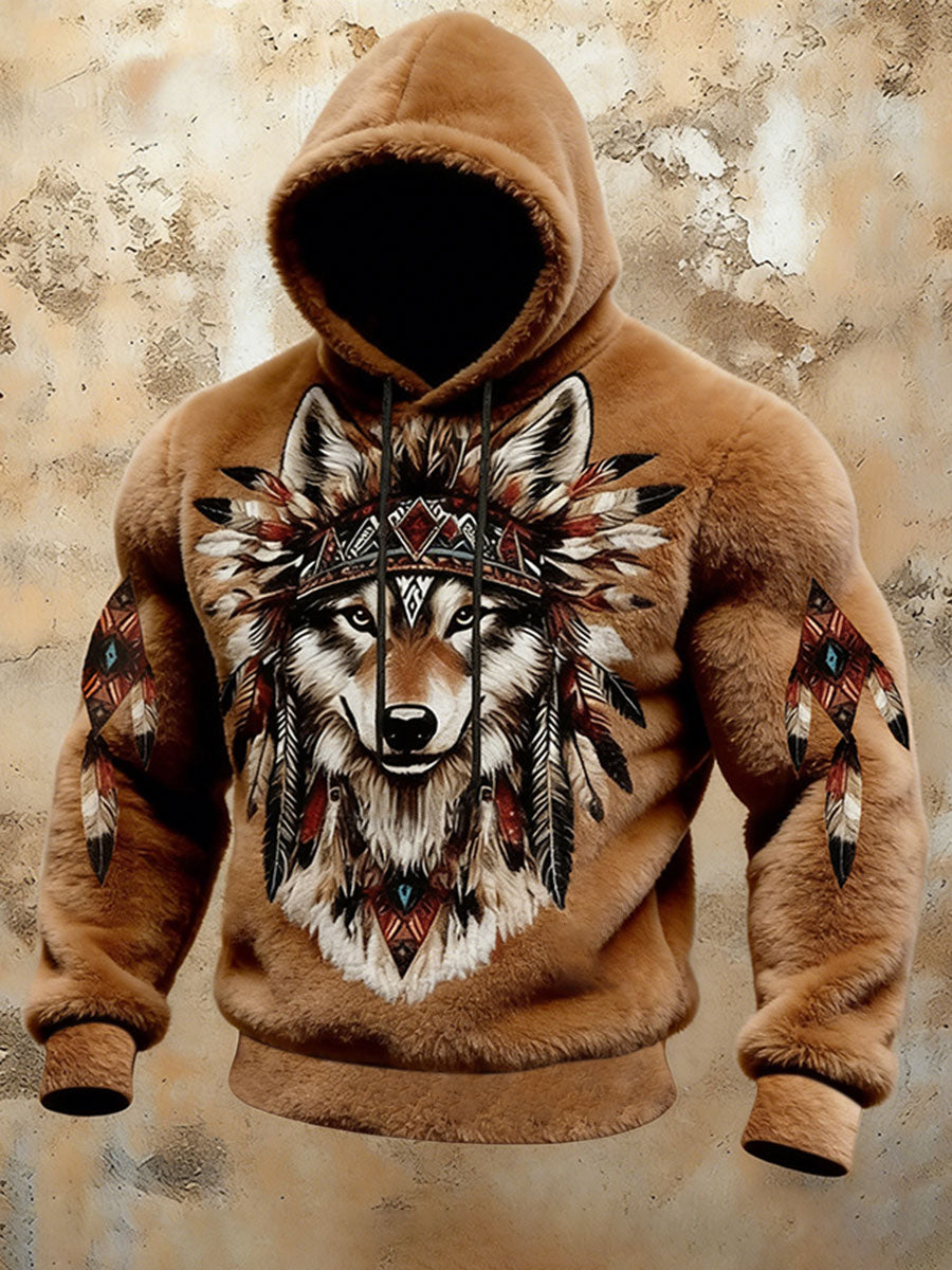 Mænds Western Wolf Totem Flannel Hoodie Flannel