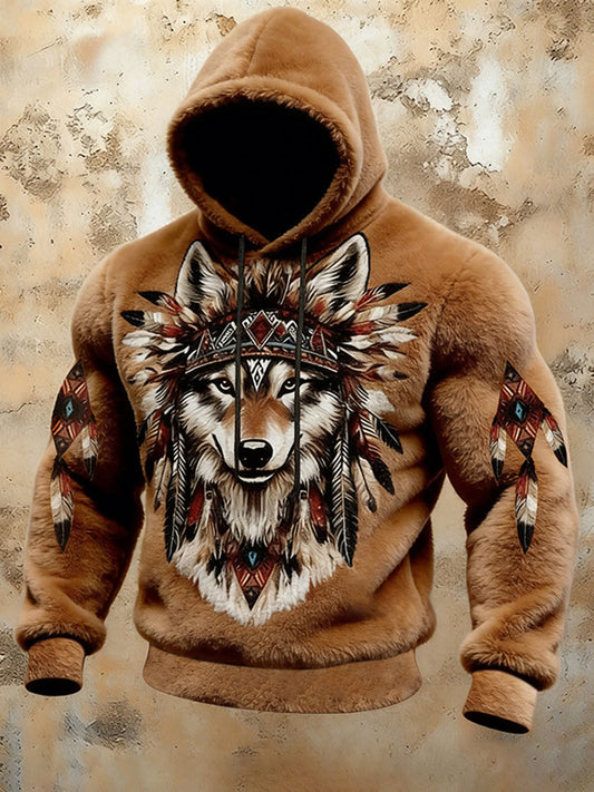 Mænds Western Wolf Totem Flannel Hoodie Flannel