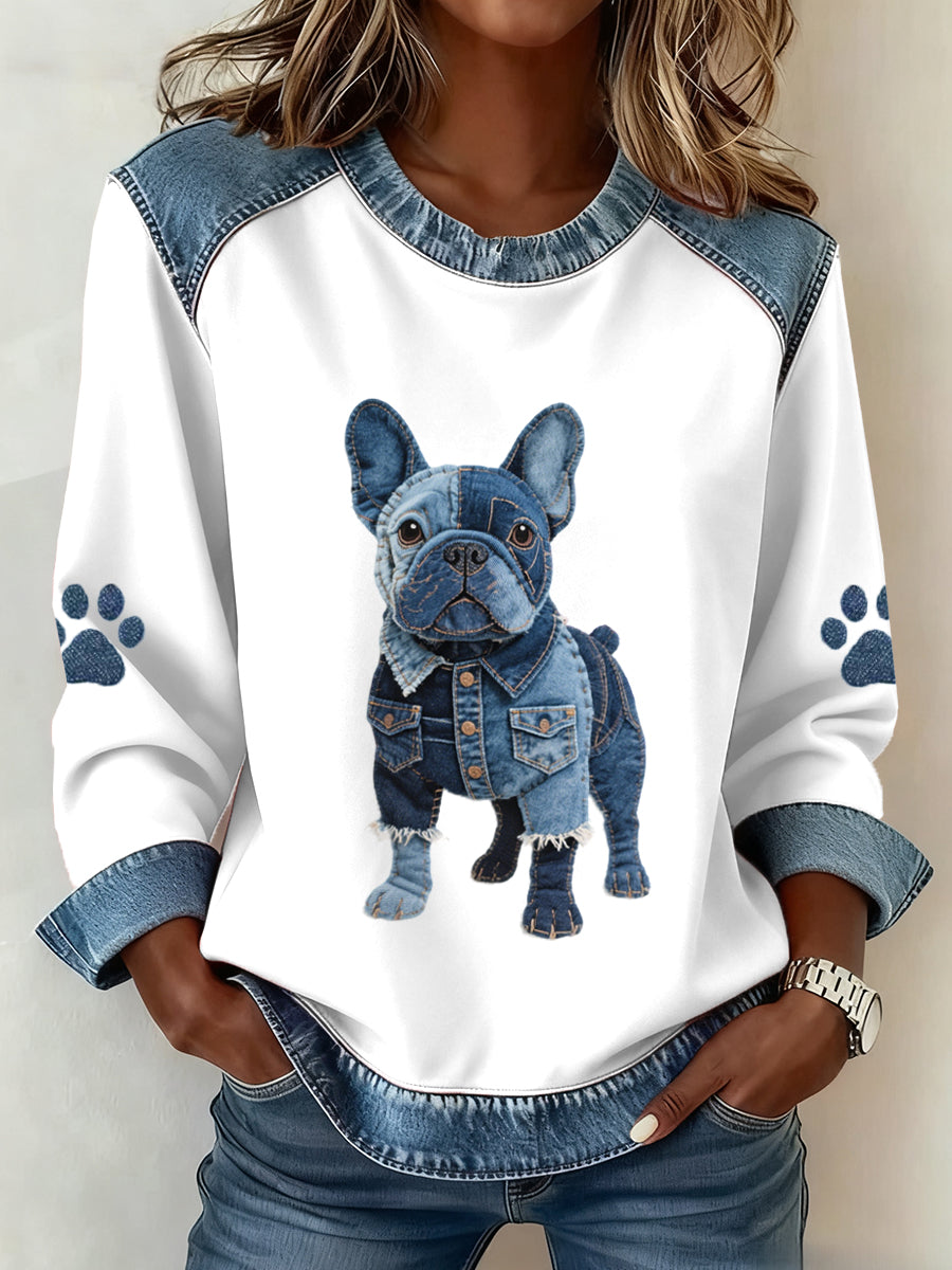 Kvinders dejlige franske Bulldog mønster Denim Patchwork Sweatshirt