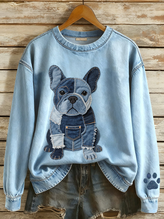 Kvinders Denim Patchwork Art Fransk Bulldog mønster sweatshirt