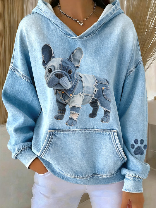 Kvinders dejlige franske Bulldog Denim Patchwork mønster Hoodie.