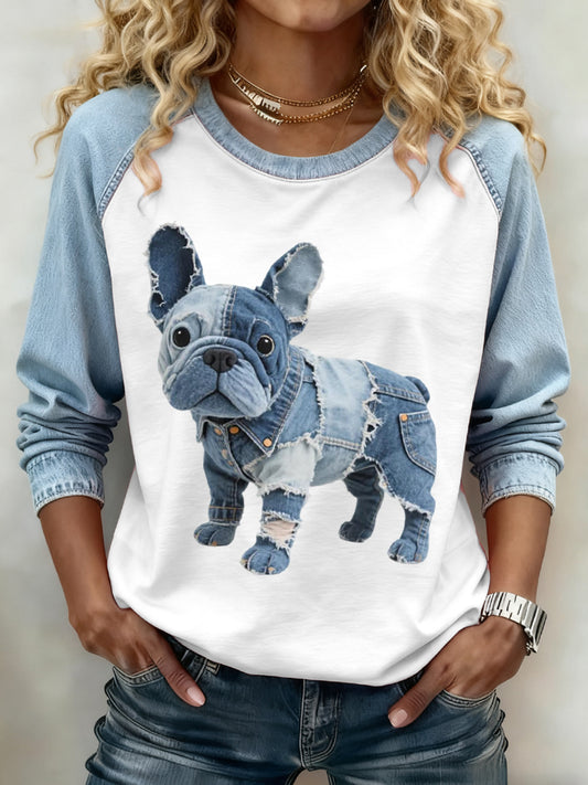 Kvinders dejlige franske Bulldog mønster Denim Patchwork Sweatshirt