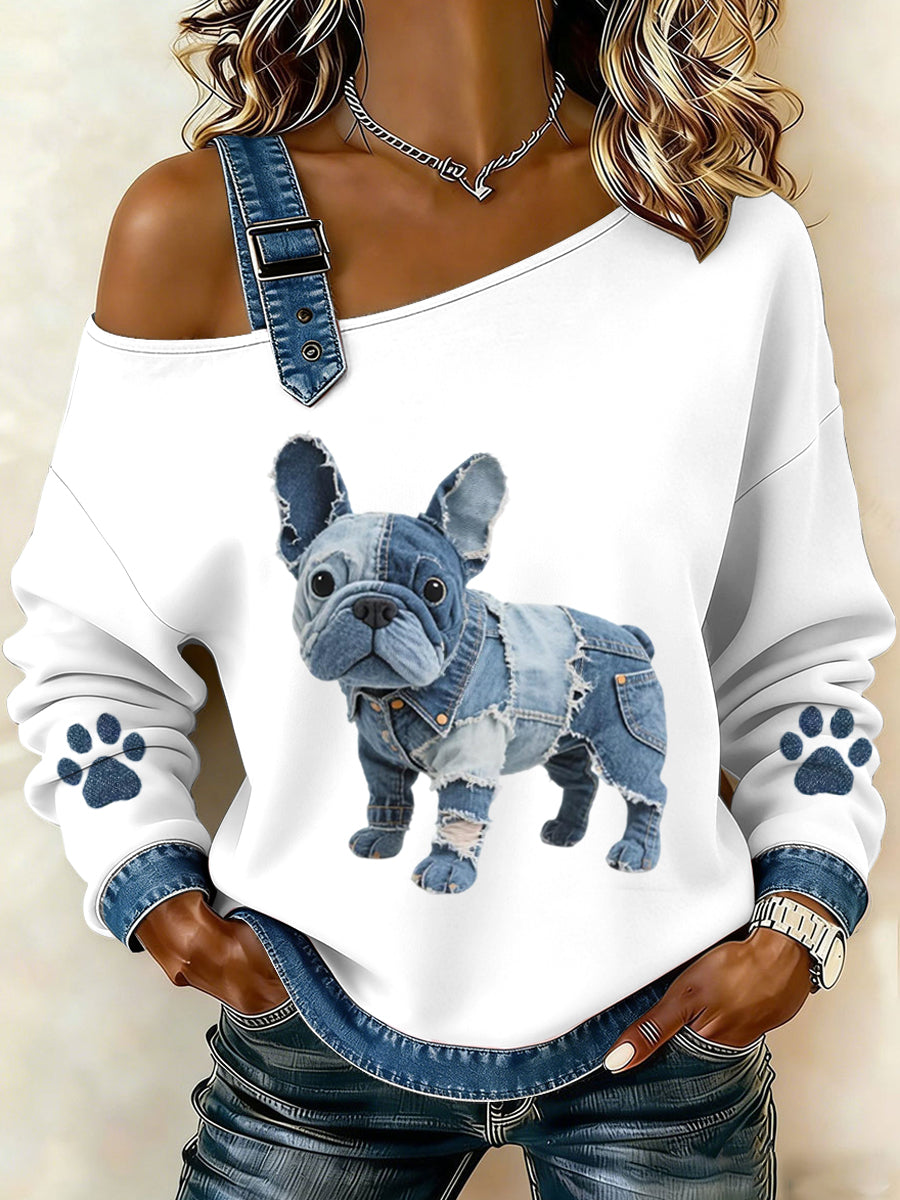 Kvinders dejlige franske Bulldog Mønster Denim Patchwork Toppe