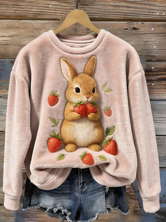 Kvinders søde Bunny og jordbær kunst hyggelig rund hals hyggelig flannel sweatshirt
