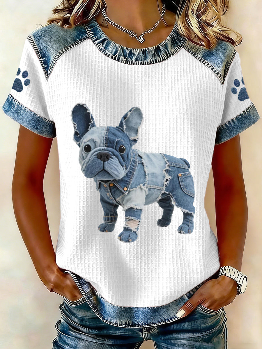 Kvinders dejlige franske Bulldog Mønster Denim Patchwork Toppe