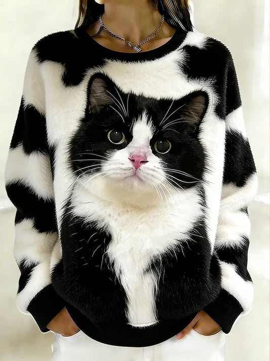 Kvinders søde kat kunst besætning hals flannel sweatshirt