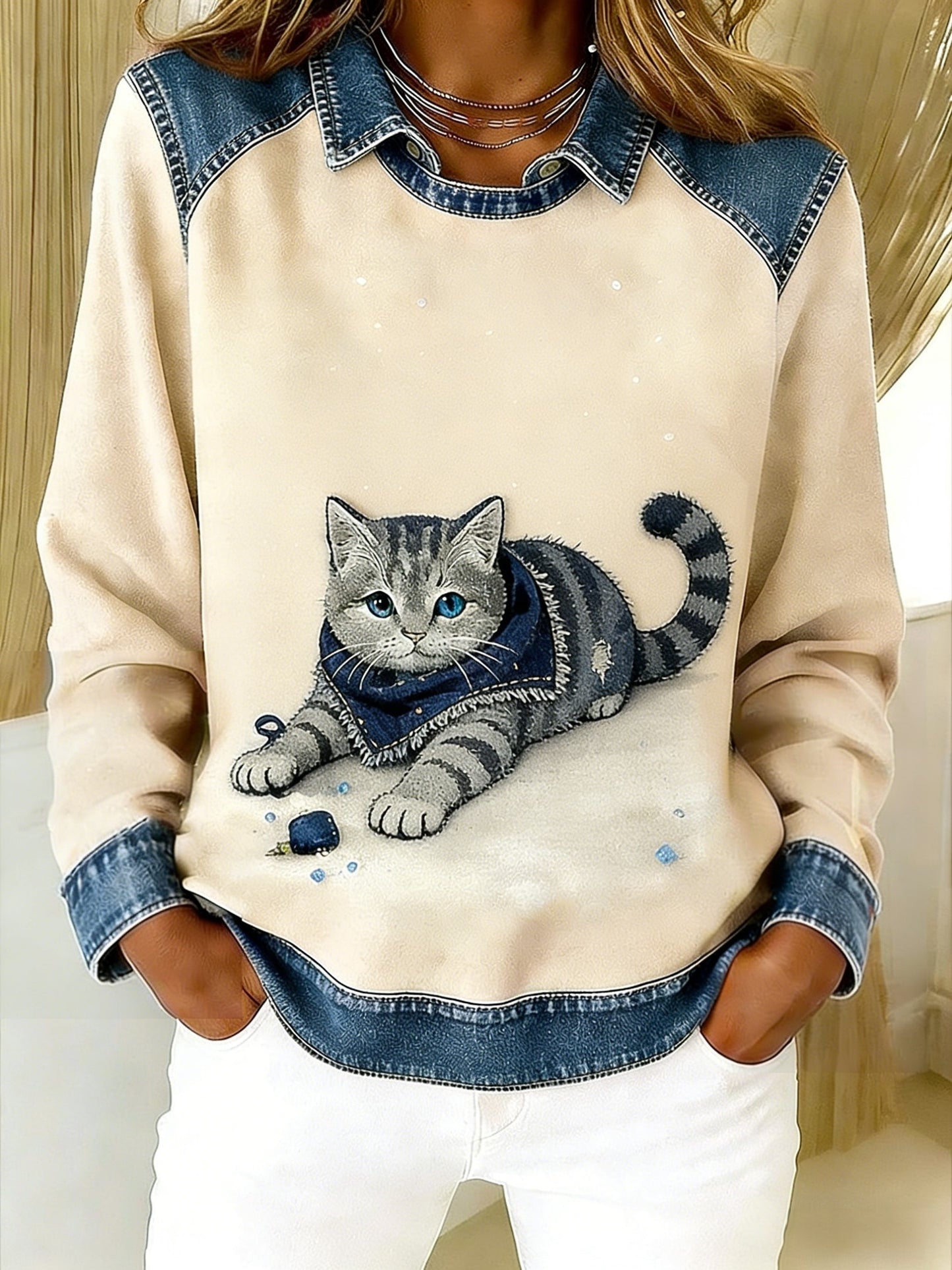 Retro søde dyr tørklæde kat Denim Patchwork kunst trykt Casual Loose Lange Laeve Lapel Sweatshirt