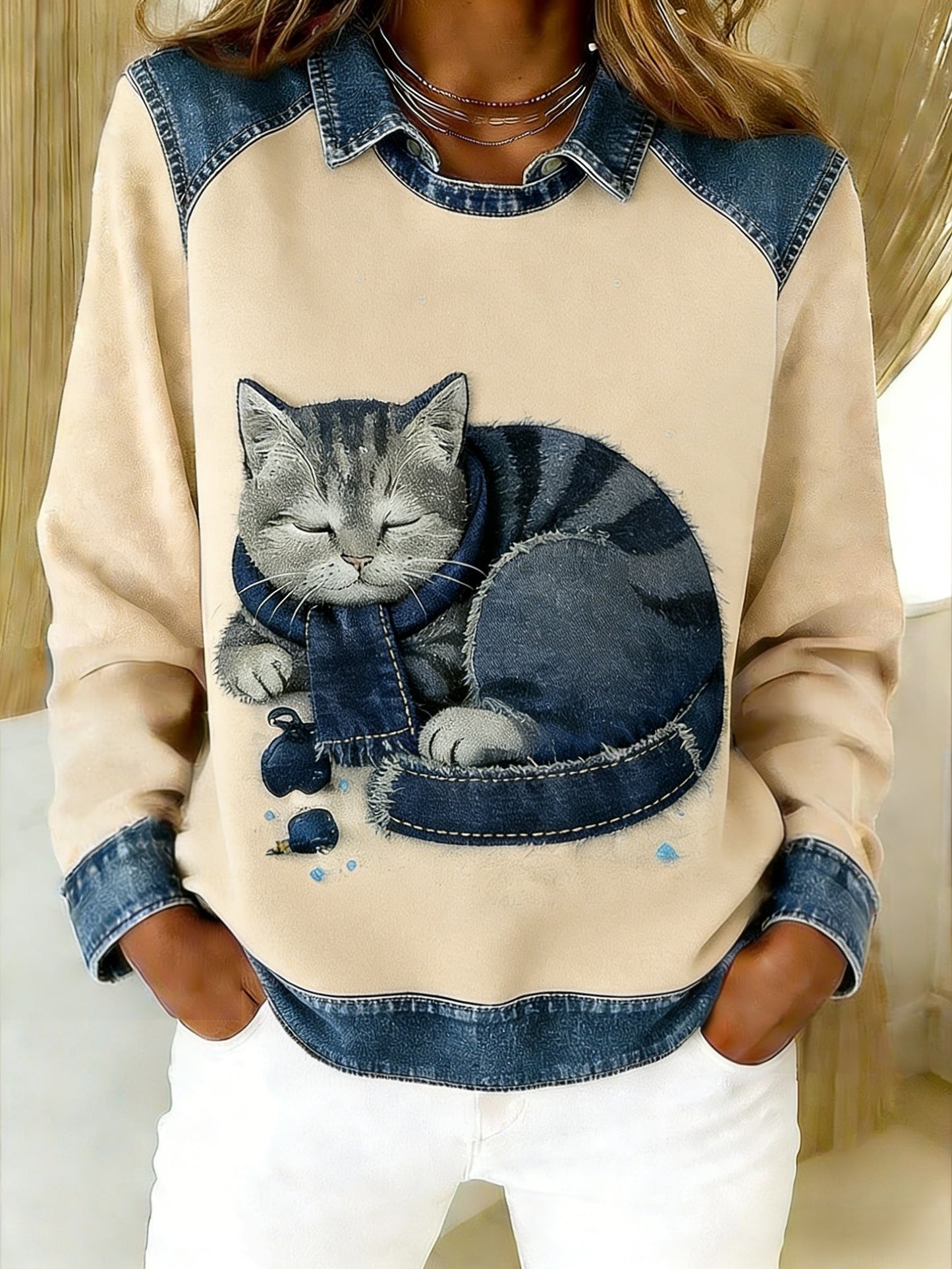 Retro søde dyr tørklæde kat Denim Patchwork kunst trykt Casual Loose Lange Laeve Lapel Sweatshirt