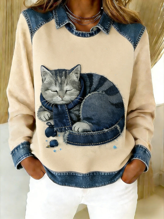 Retro søde dyr tørklæde kat Denim Patchwork kunst trykt Casual Loose Lange Laeve Lapel Sweatshirt