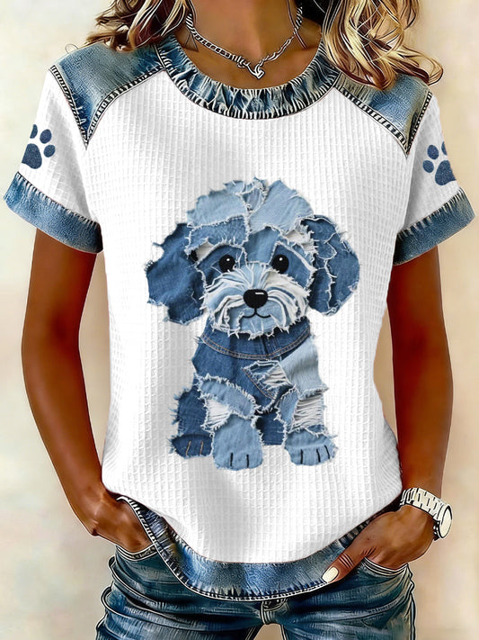 Kvinders dejlige hundemønster Denim Patchwork Toppe
