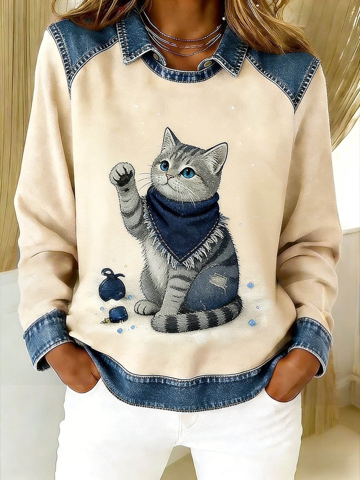 Retro søde dyr tørklæde kat Denim Patchwork kunst trykt Casual Loose Lange Laeve Lapel Sweatshirt