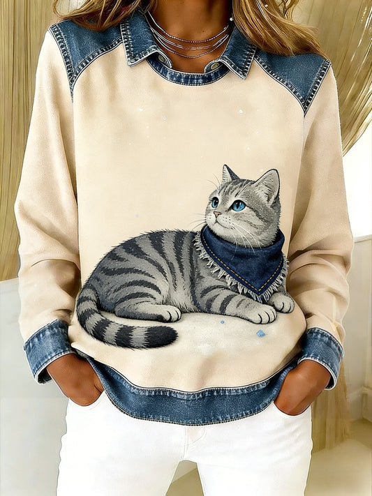 Retro søde dyr tørklæde kat Denim Patchwork kunst trykt Casual Loose Lange Laeve Lapel Sweatshirt