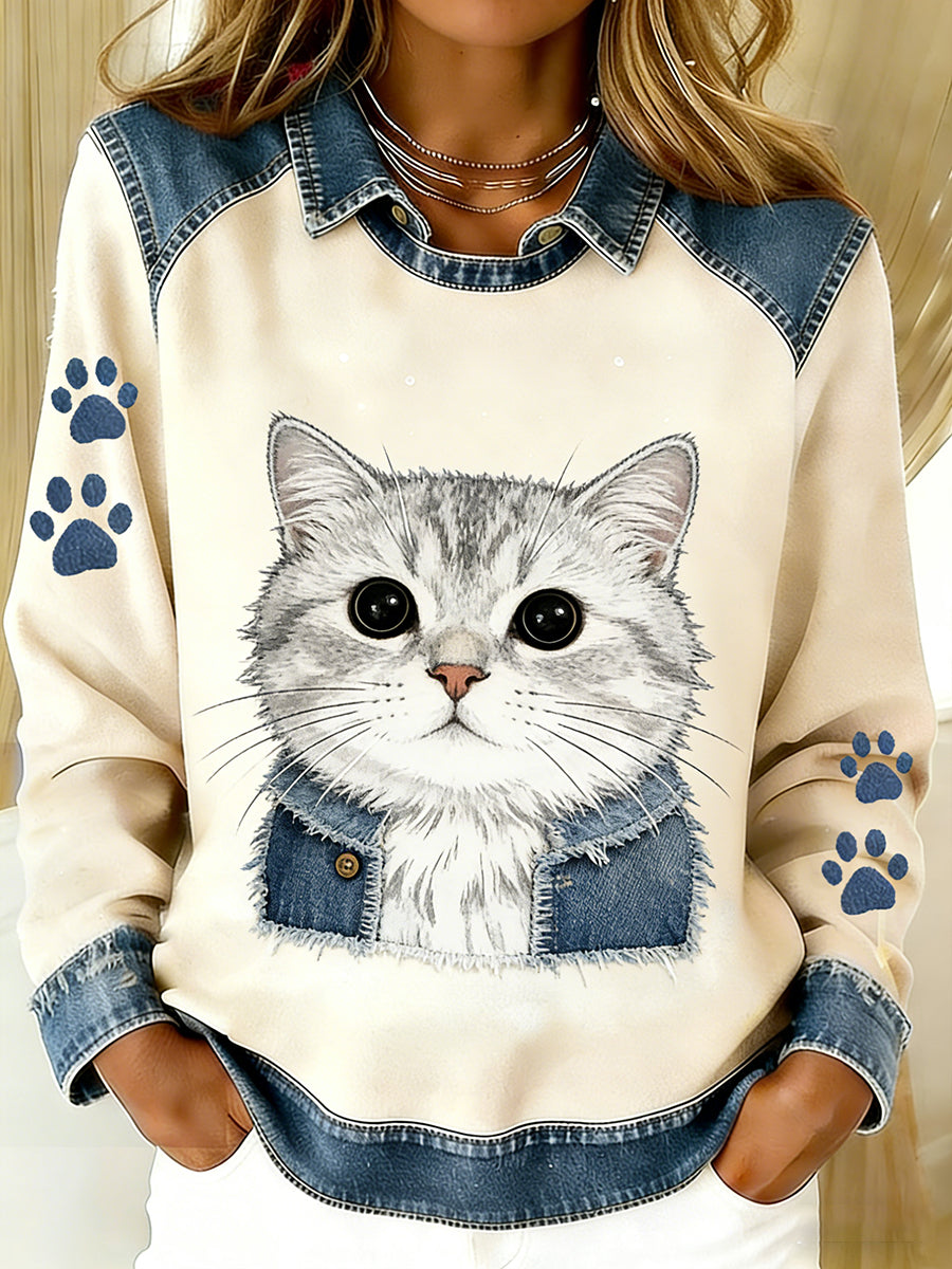 Kvinders Vintage Denim Patchwork top med Animal Art Print, Casual og behagelig