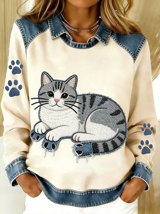 Kvinders Vintage Denim Patchwork top med Animal Art Print, Casual og behagelig