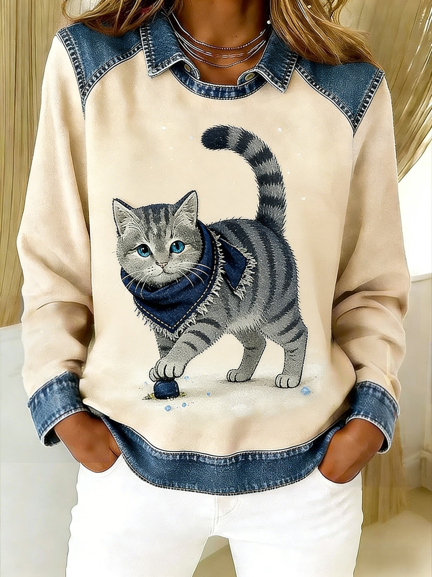 Retro søde dyr tørklæde kat Denim Patchwork kunst trykt Casual Loose Lange Laeve Lapel Sweatshirt