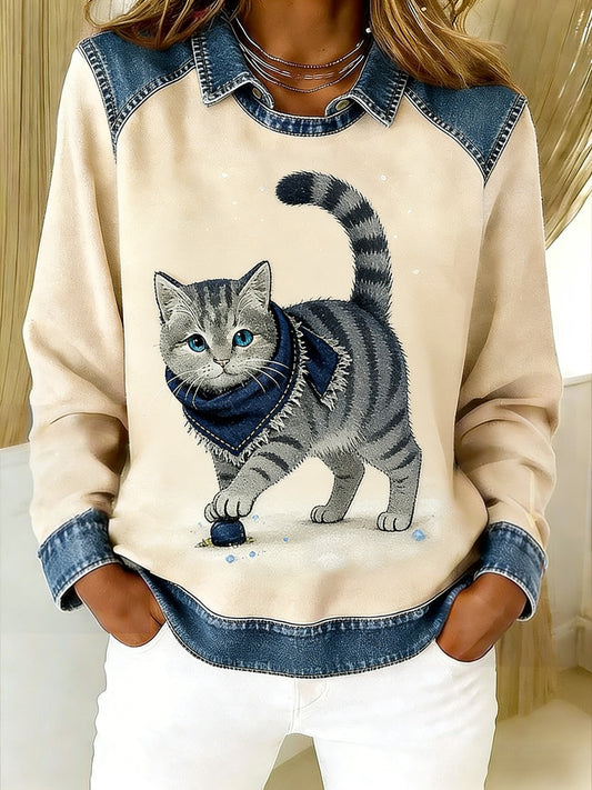 Retro søde dyr tørklæde kat Denim Patchwork kunst trykt Casual Loose Lange Laeve Lapel Sweatshirt
