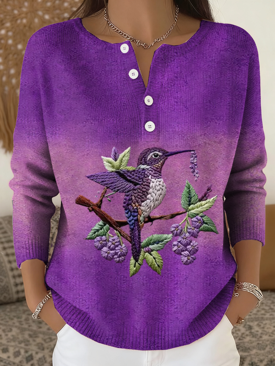 Kvinder Lilla Gradient Hummingbird Blomster Print langærme cardigan