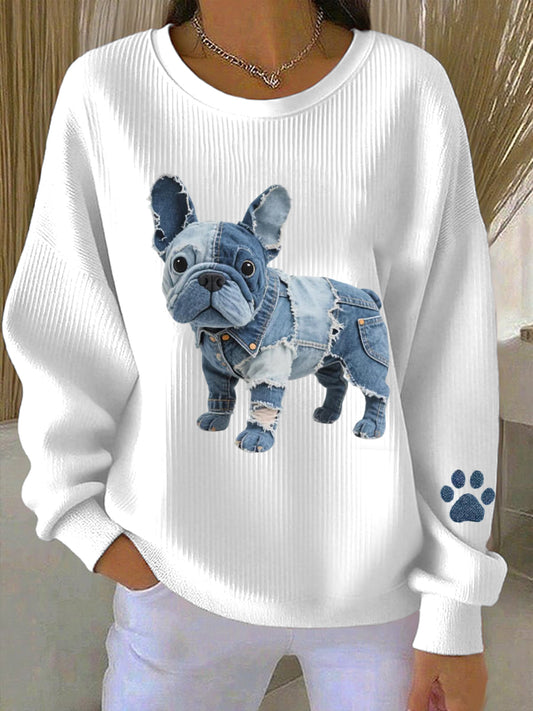 Kvinders Denim Patchwork Art Fransk Bulldog mønster sweatshirt