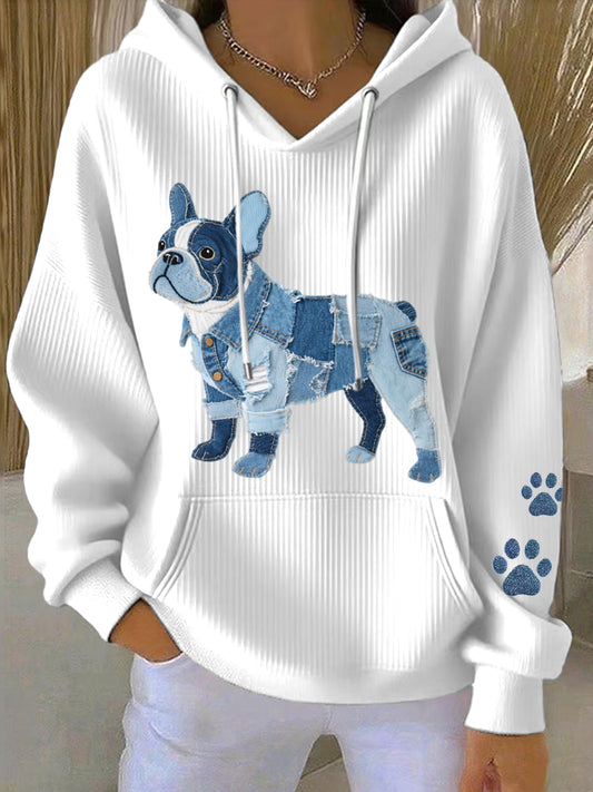 Kvinders Denim Patchwork Art Fransk Bulldog Mønster Hoodie Arts