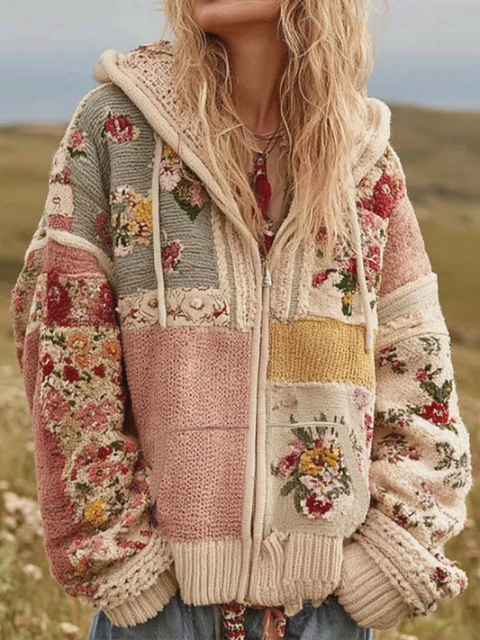 Kvinders lyserød blomster Print Casual Zip-Up jakken