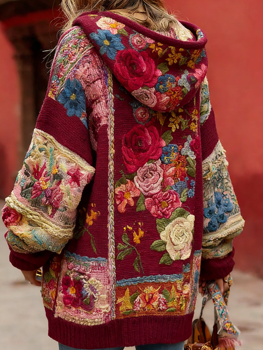 Kvinders Vintage Style Bryst kræft bevidsthed Temaet blomster mønster-knap-Up komfortable hættet Cardigan SweaterName