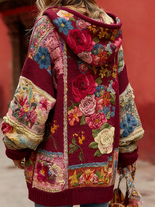 Kvinders Vintage Style Bryst kræft bevidsthed Temaet blomster mønster-knap-Up komfortable hættet Cardigan SweaterName