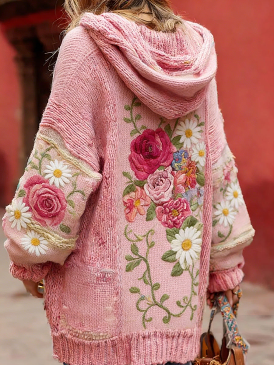 Kvinders Vintage Style Bryst kræft bevidsthed Temaet blomster mønster-knap-Up komfortable hættet Cardigan SweaterName