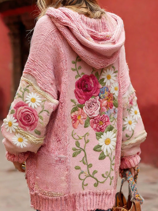 Kvinders Vintage Style Bryst kræft bevidsthed Temaet blomster mønster-knap-Up komfortable hættet Cardigan SweaterName