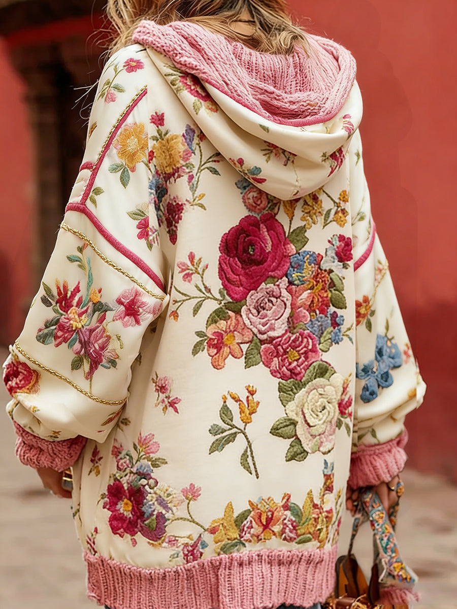 Kvinders Vintage Style Bryst kræft bevidsthed Temaet blomster mønster-knap-Up komfortable hættet Cardigan SweaterName