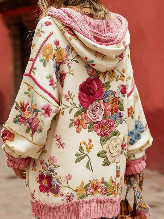 Kvinders Vintage Style Bryst kræft bevidsthed Temaet blomster mønster-knap-Up komfortable hættet Cardigan SweaterName