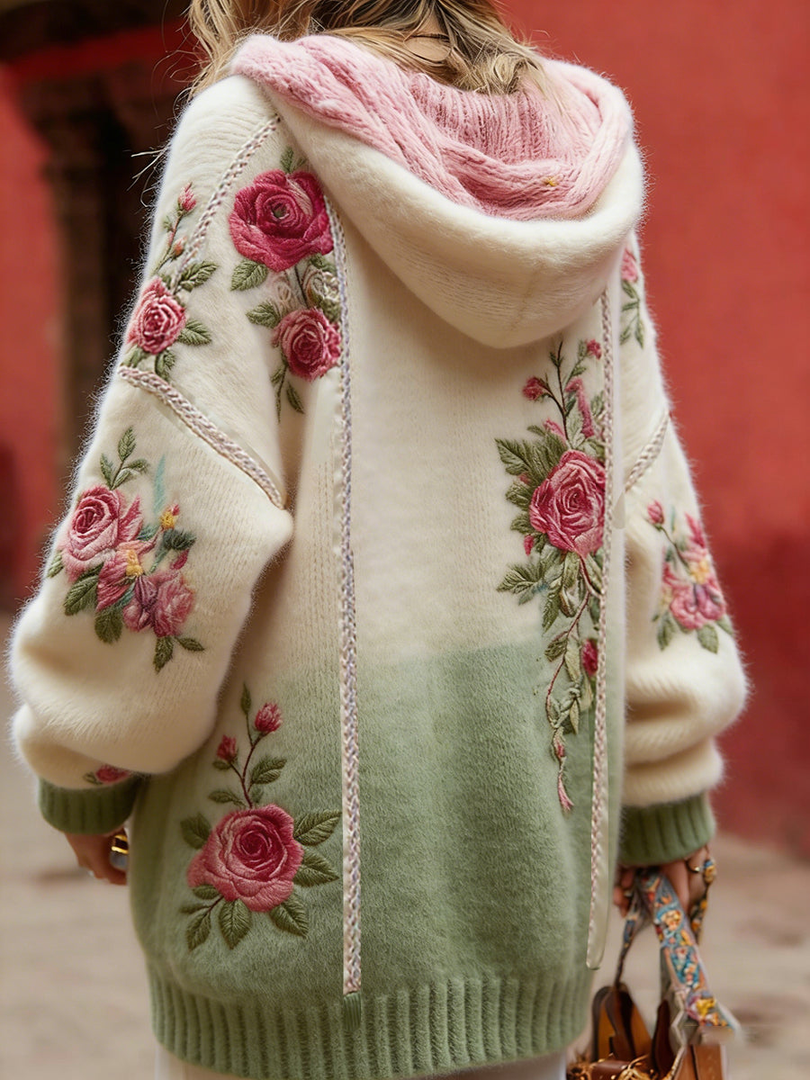 Kvinders Vintage Style Bryst kræft bevidsthed Temaet blomster mønster-knap-Up komfortable hættet Cardigan SweaterName