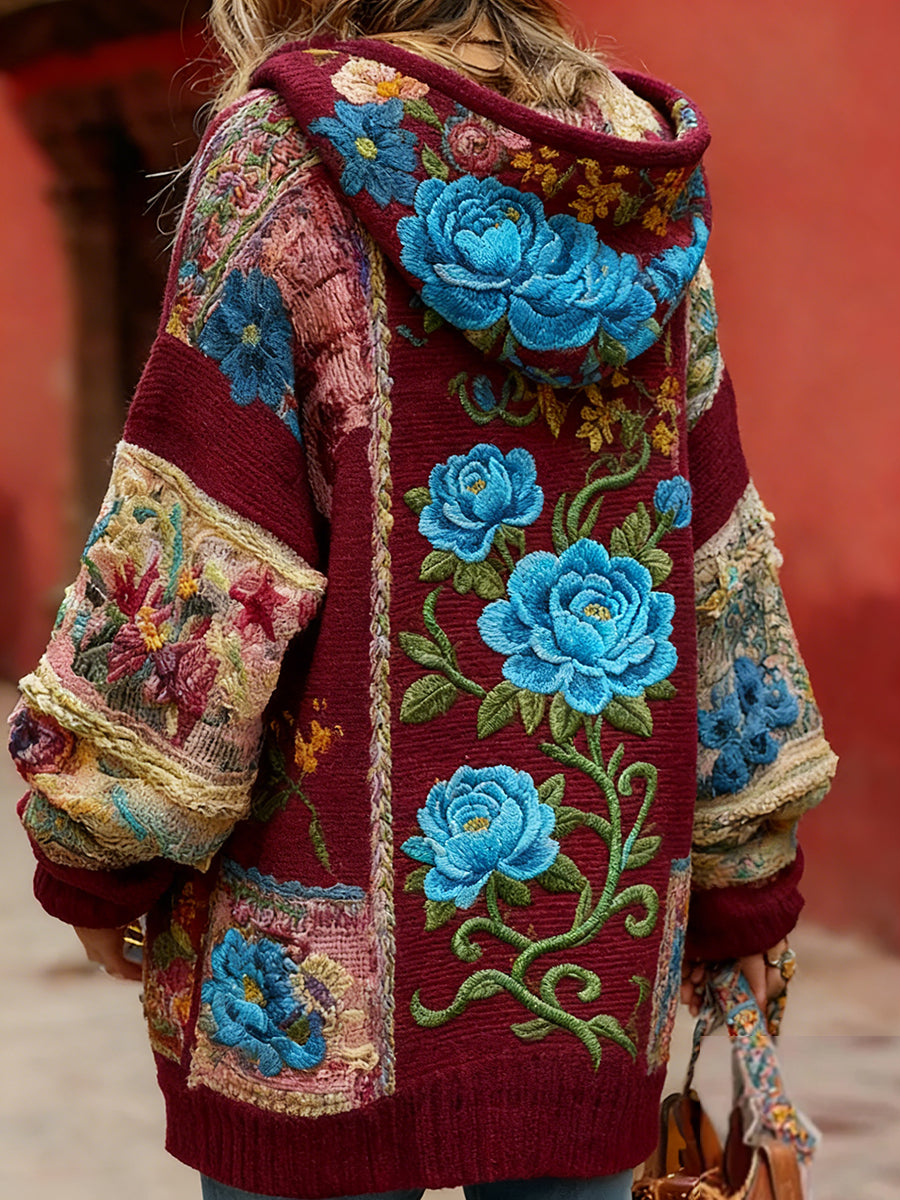 Kvinders Vintage Style Bryst kræft bevidsthed Temaet blomster mønster-knap-Up komfortable hættet Cardigan SweaterName