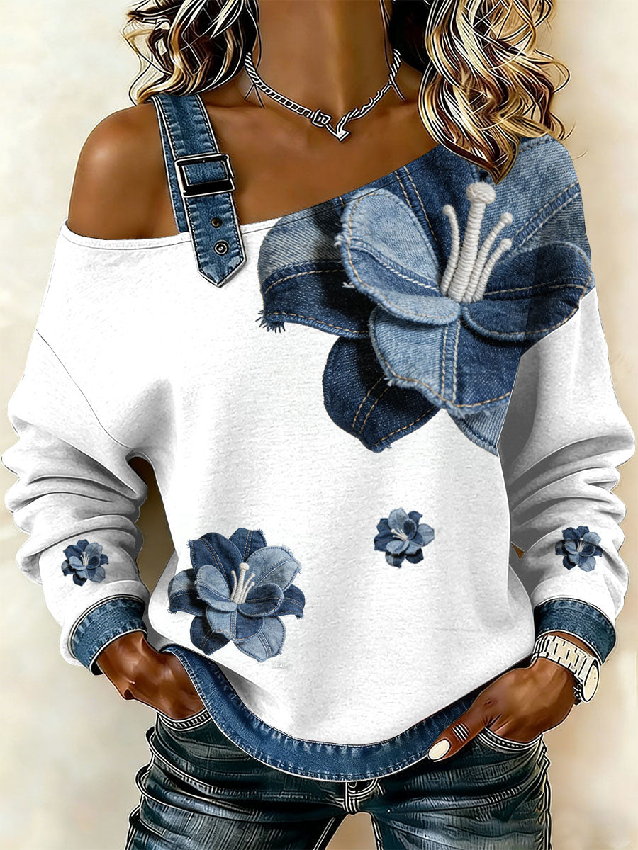 Kvinders Vintage Blomster Patchwork Print Casual Off-Shoulder Sweatshirt