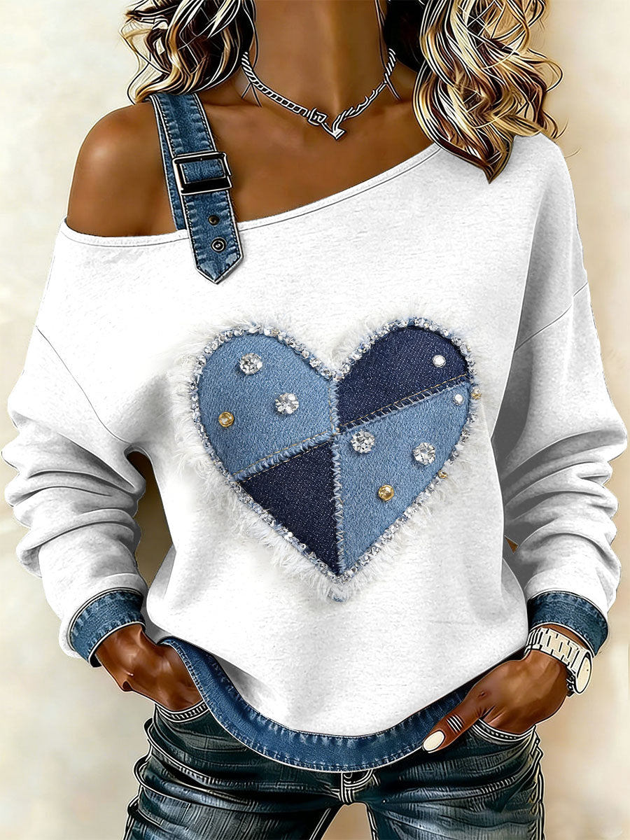Kvinders Vintage Blomster Patchwork Print Casual Off-Shoulder Sweatshirt