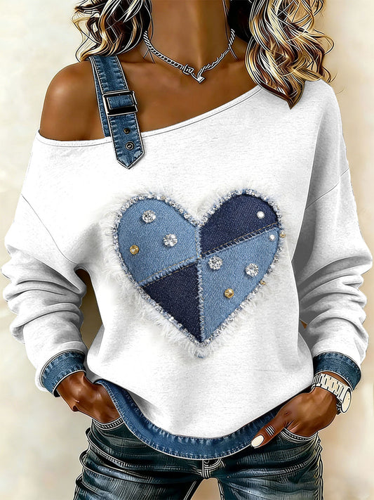 Kvinders Vintage Blomster Patchwork Print Casual Off-Shoulder Sweatshirt