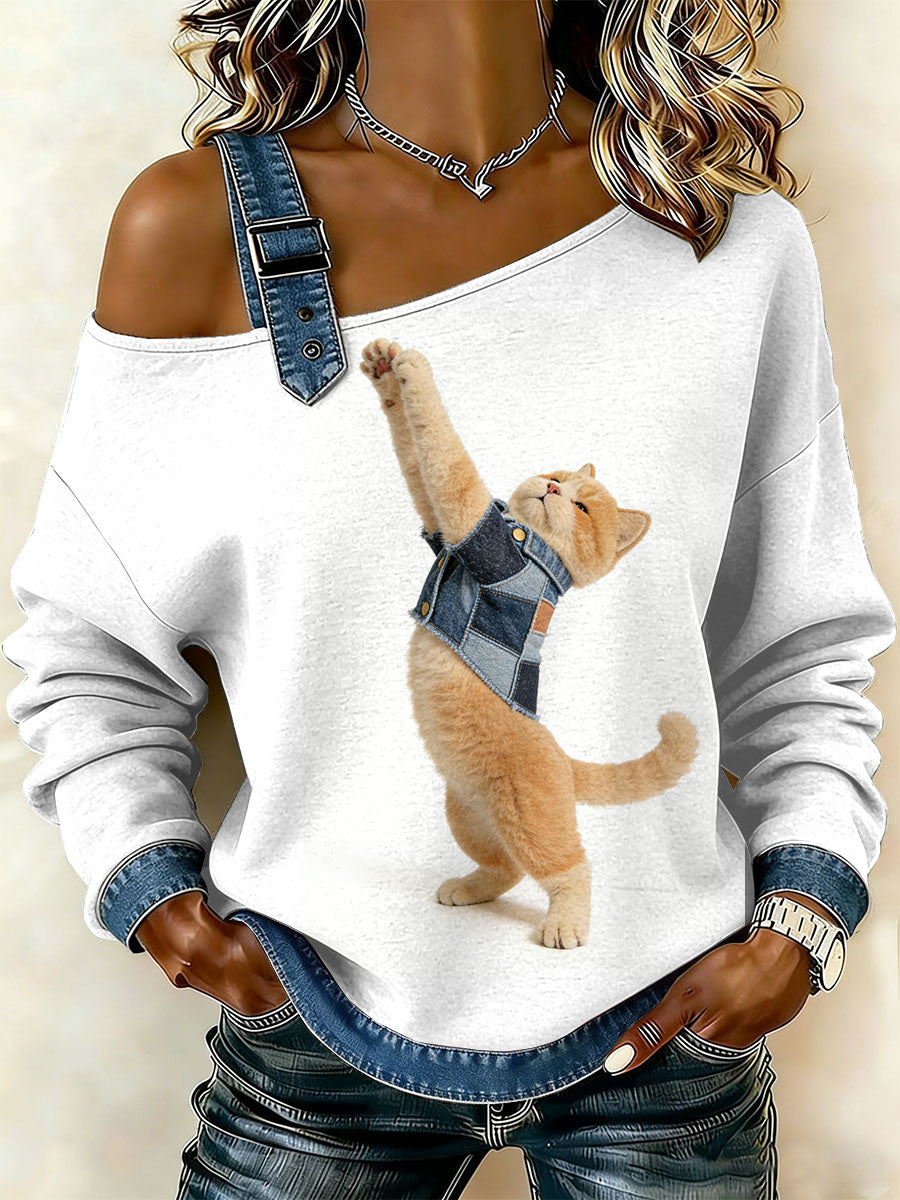 Kvinders Vintage Cat Patchwork Print Casual Off-Shoulder Sweatshirt