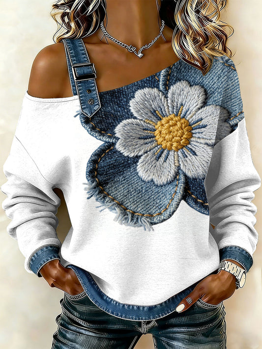 Kvinders Vintage Blomster Patchwork Print Casual Off-Shoulder Sweatshirt