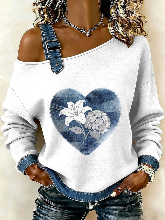 Kvinders Vintage Blomster Patchwork Print Casual Off-Shoulder Sweatshirt