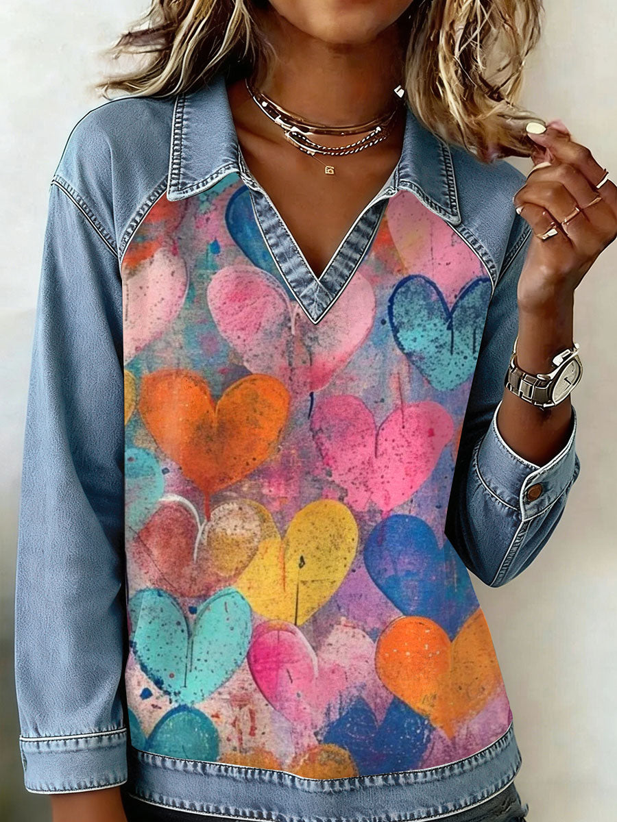 Kvinders Vintage Kærlighed Patchwork Print Casual Sweatshirt