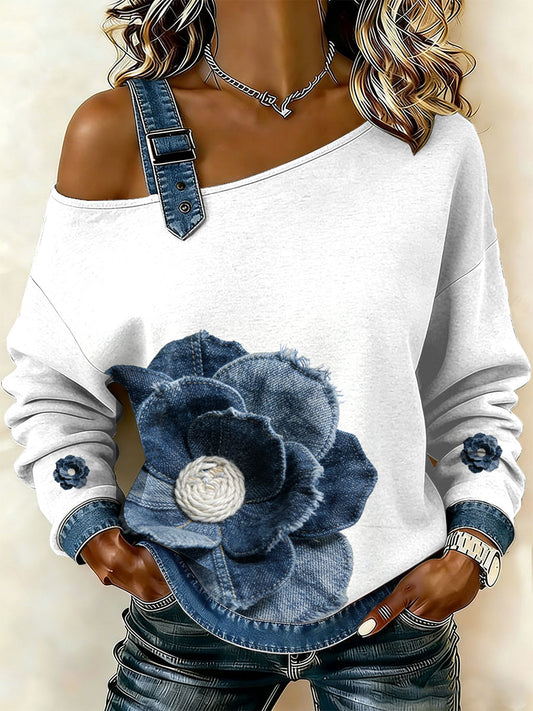 Kvinders Vintage Blomster Patchwork Print Casual Off-Shoulder Sweatshirt