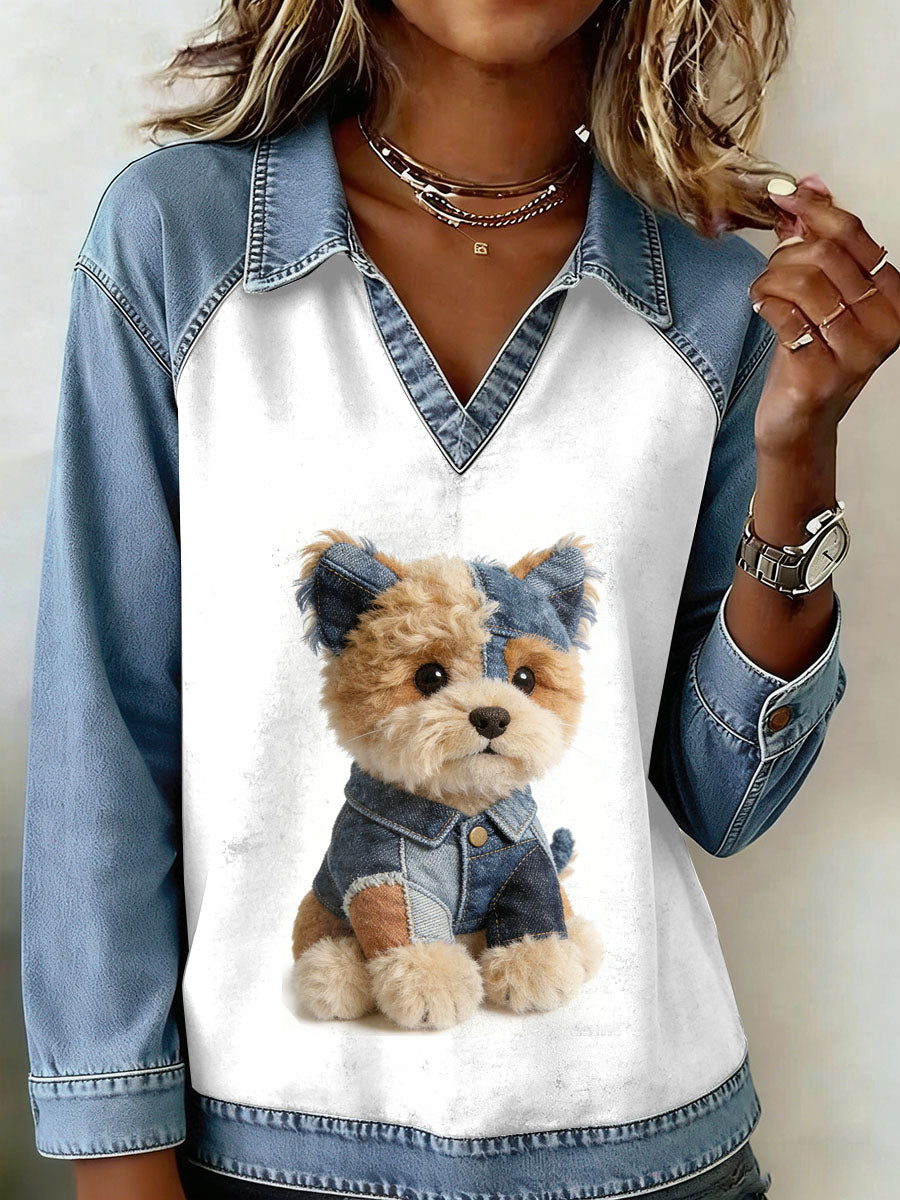 Kvinders Vintage hund Patchwork Print Casual Sweatshirt