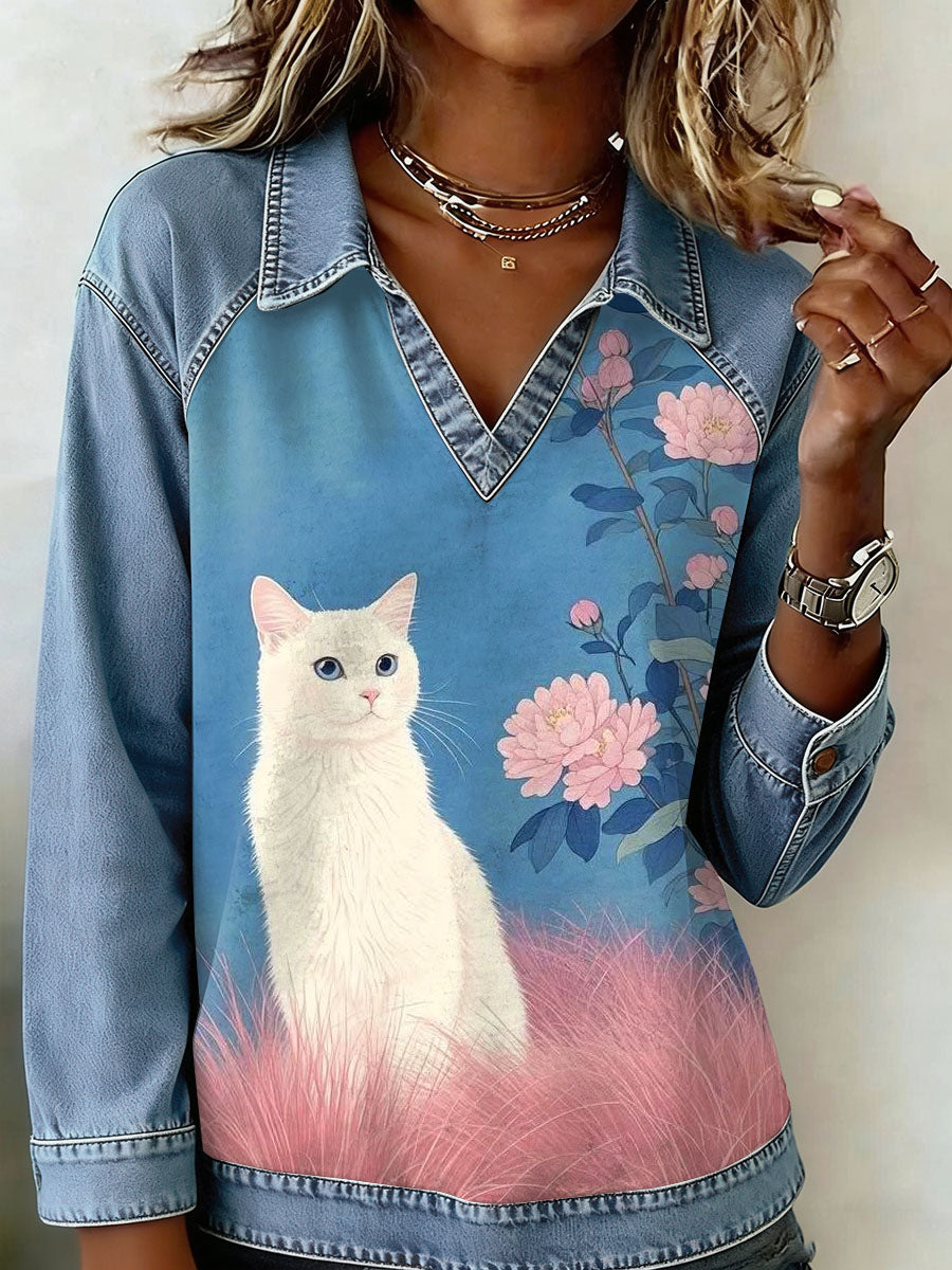 Kvinders Vintage Cat Patchwork Print Casual Sweatshirt