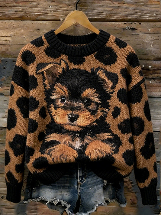 Kvinders Retro søde hvalp mønster runde hals Sweater Sweer
