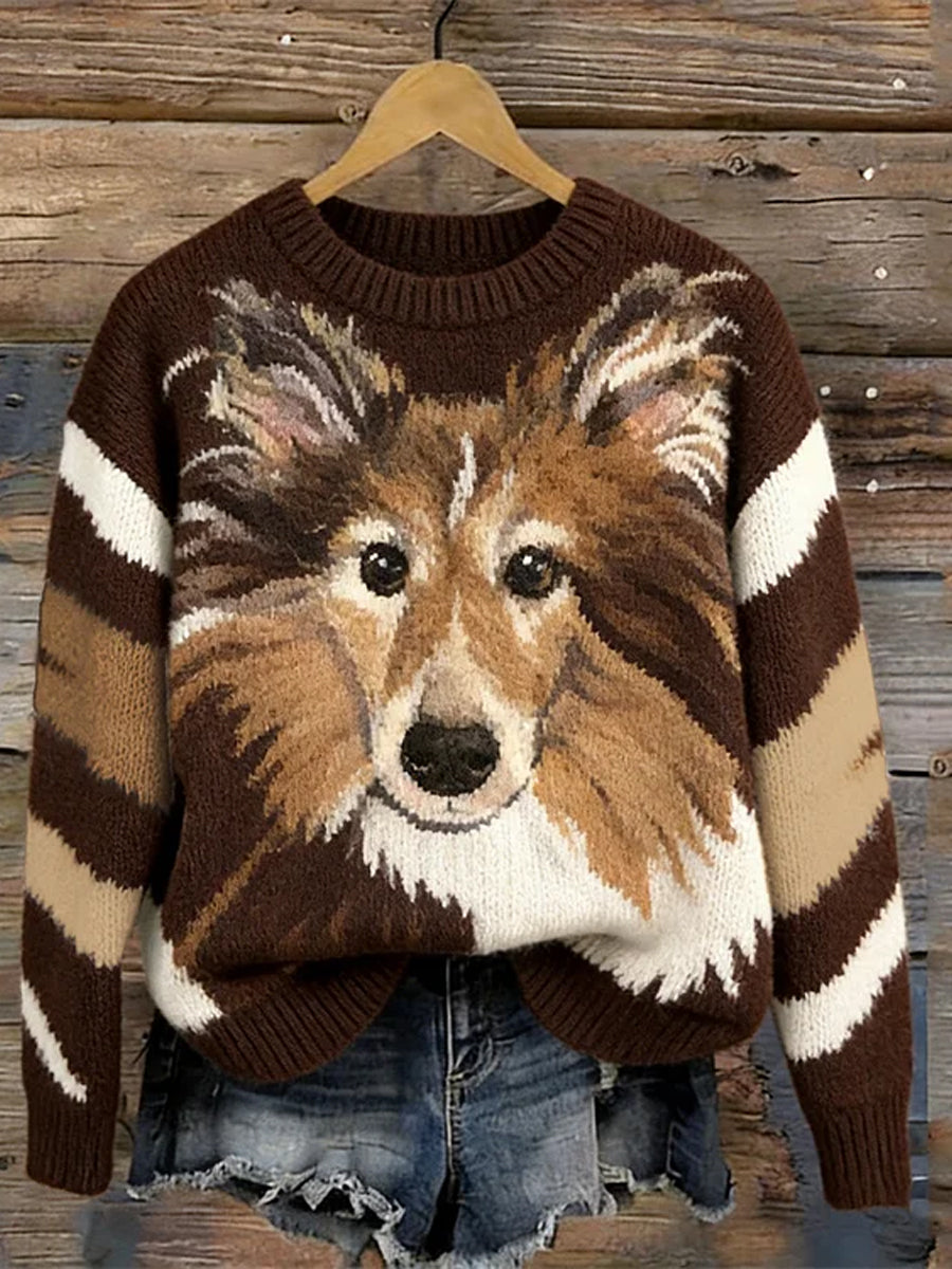 Kvinders Retro søde hvalp mønster runde hals Sweater Sweer
