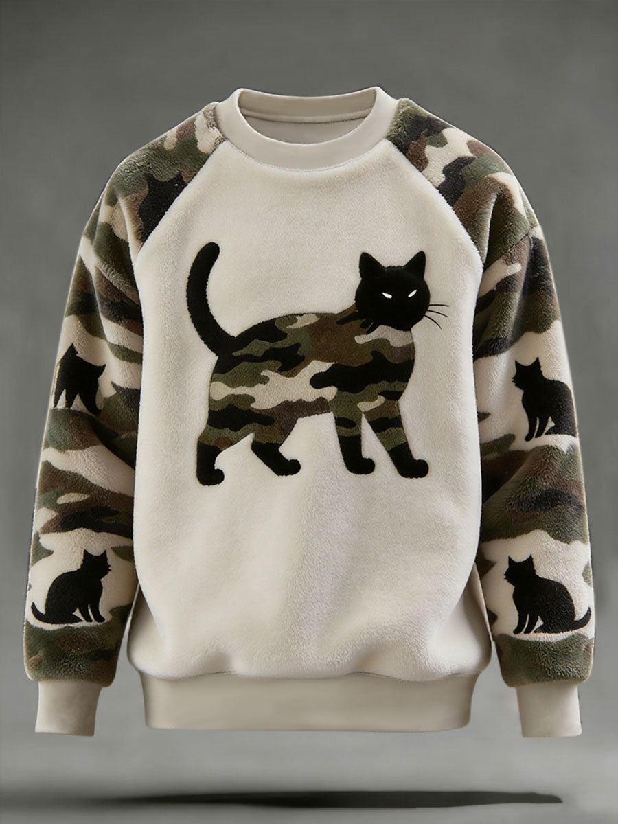 Mænds camouflage kat kunst udskrive Casual Flannel Sweatshirt