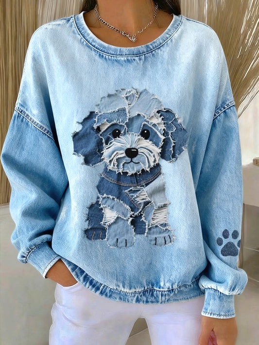 Kvinders dejlige hund Denim Patchwork mønster sweatshirt